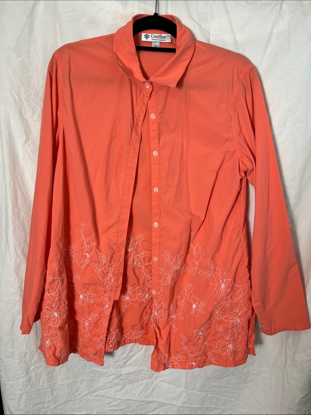 Coolibar SPF 50 Coral Button-Down Embroidered Shirt Size Large